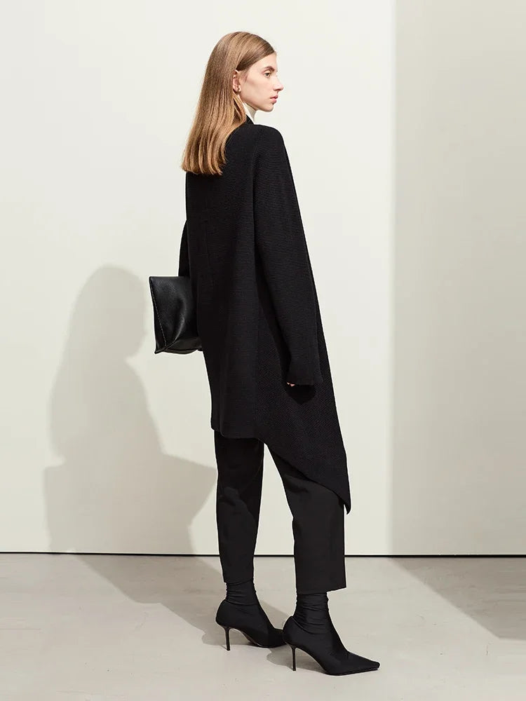 Damen-Strickjacke Wolle Umlegekragen lang locker Tasche Herbst