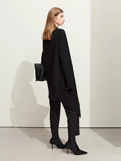 Damen-Strickjacke Wolle Umlegekragen lang locker Tasche Herbst