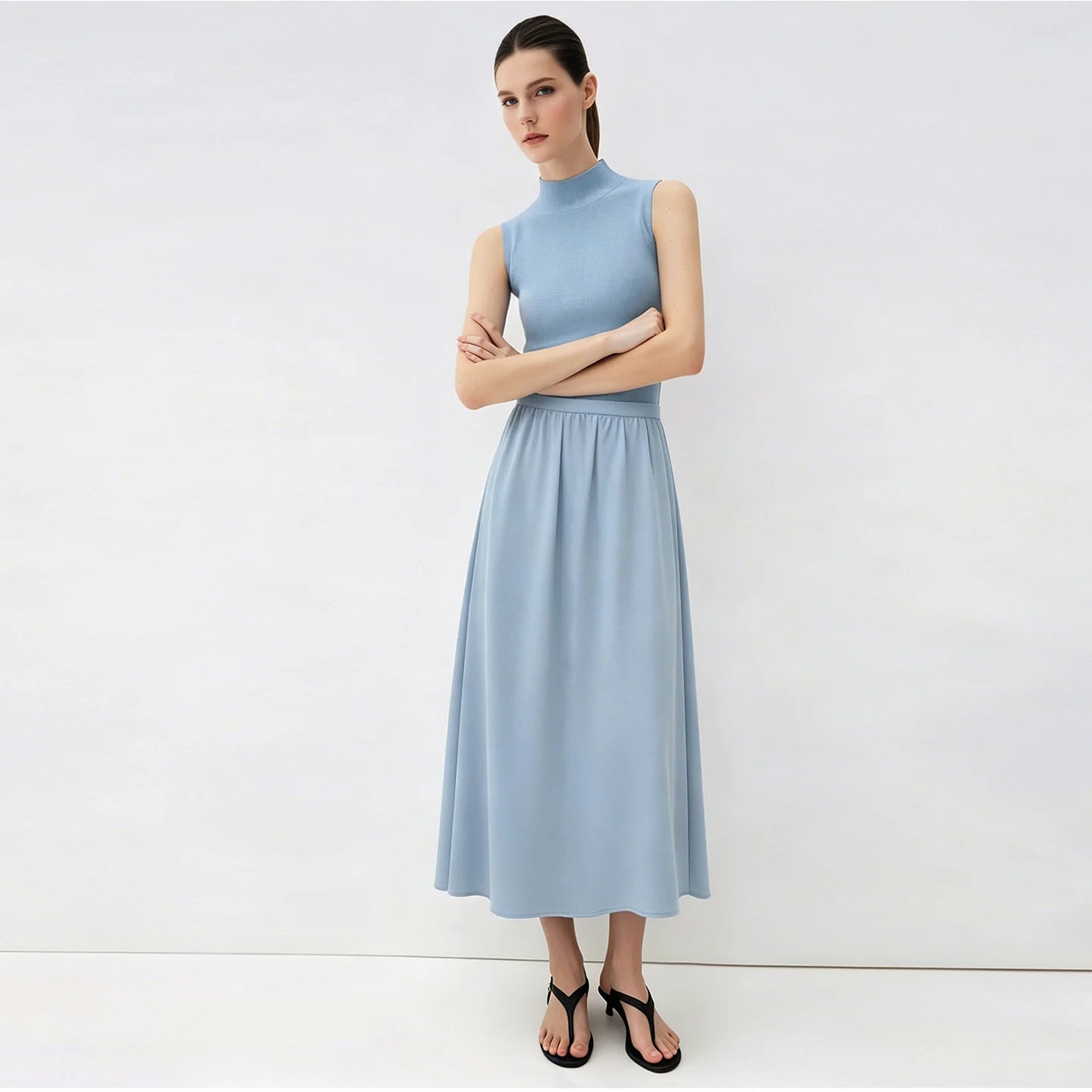 Maxirock Damen Dusty Blue, A-Linie, Faltenbund, leicht fallender Rock