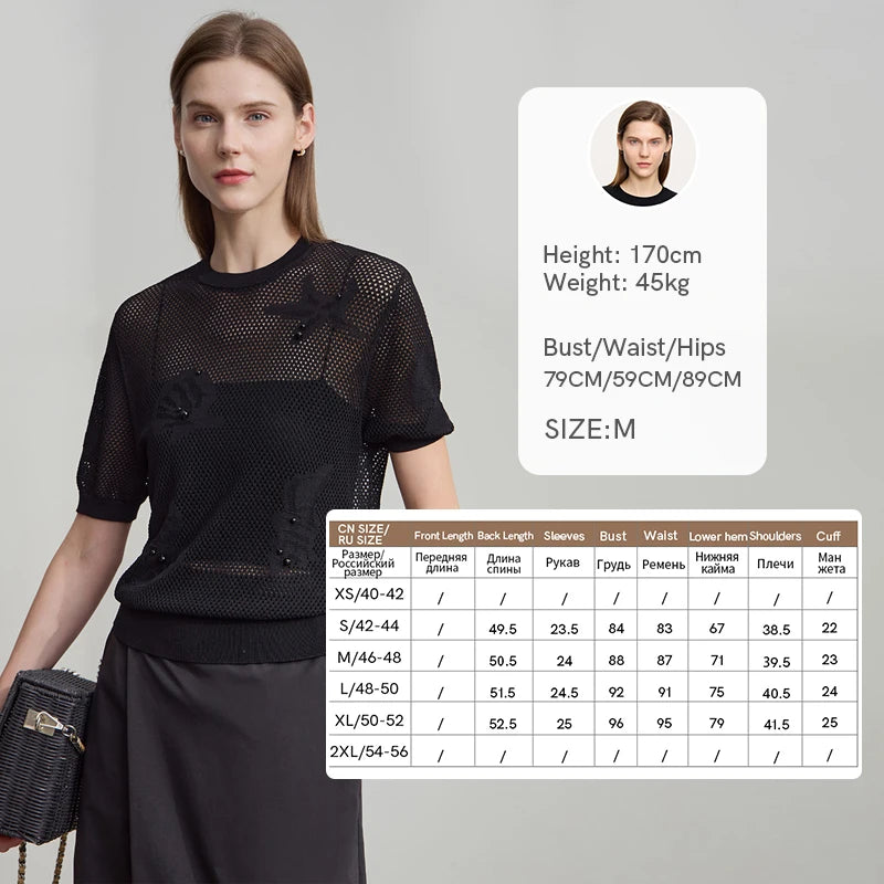 Damen Top im minimalistischen Ozean-Stil mit Perlenbesatz und durchbohrten Löchern