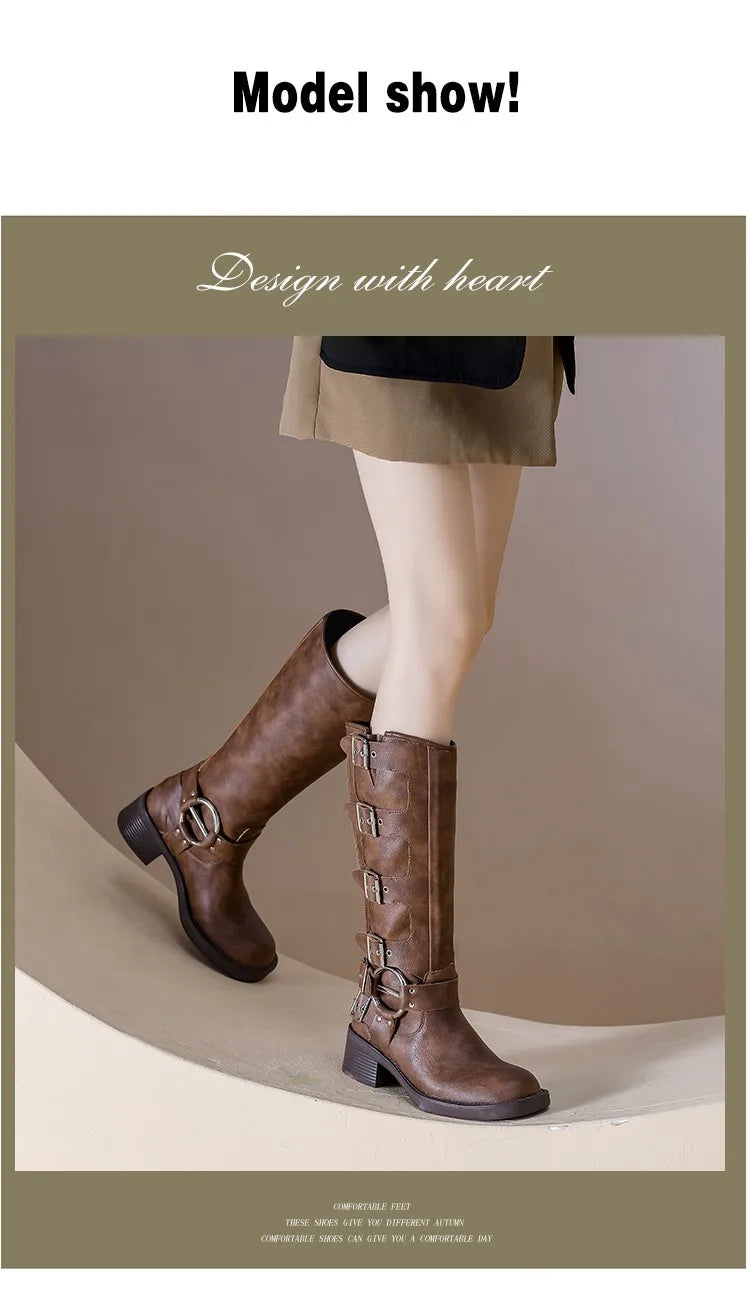 AIYUQI Women Cowboy Boots 2025 Autumn New Belt Buckle Women Marton Boots British Style Large Size 41 42 43 Women Long Boots