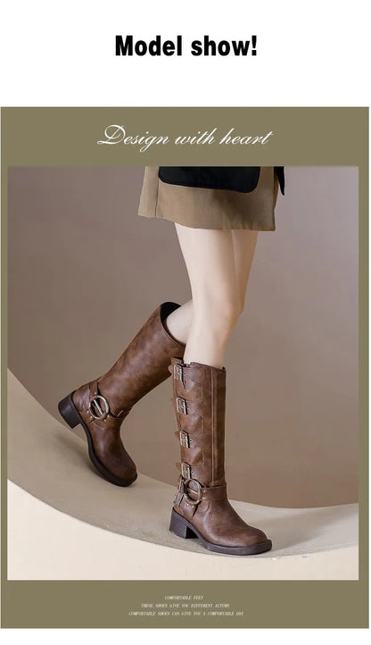 AIYUQI Women Cowboy Boots 2025 Autumn New Belt Buckle Women Marton Boots British Style Large Size 41 42 43 Women Long Boots