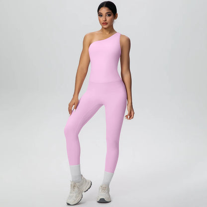 Rosa Yoga-Set mit High-Waist-Leggings und Sport-BH mit breiten Trägern, Ganzansicht