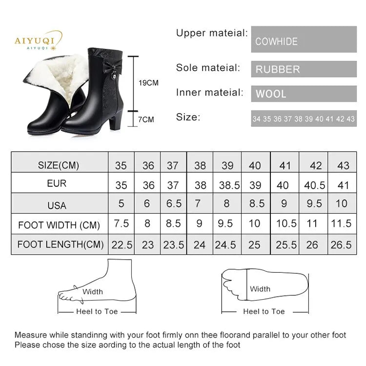 AIYUQI Winter Boots Women Wool Keep Warm 2025 New Genuine Leather Shoes Woman Boots Fashion Bow Female Fashion Boots Thick Heel