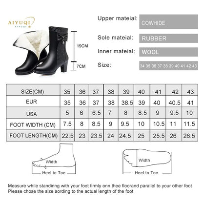 AIYUQI Winter Boots Women Wool Keep Warm 2025 New Genuine Leather Shoes Woman Boots Fashion Bow Female Fashion Boots Thick Heel