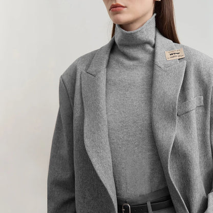 Damenpullover mit hohem Rollkragen, lange Ärmel, graue melierte Strickoptik
