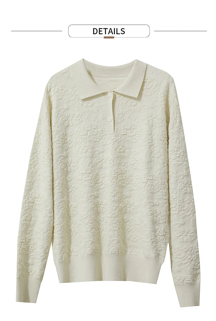 Cremefarbener Pullover mit Polokragen und Knopfleiste, Langarm, feine Struktur