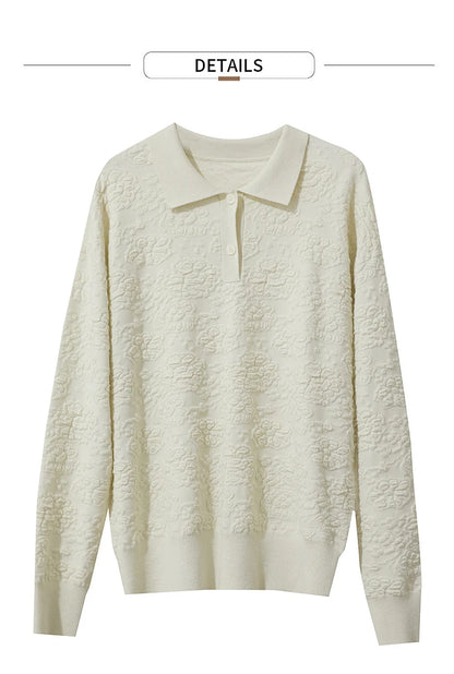Cremefarbener Pullover mit Polokragen und Knopfleiste, Langarm, feine Struktur