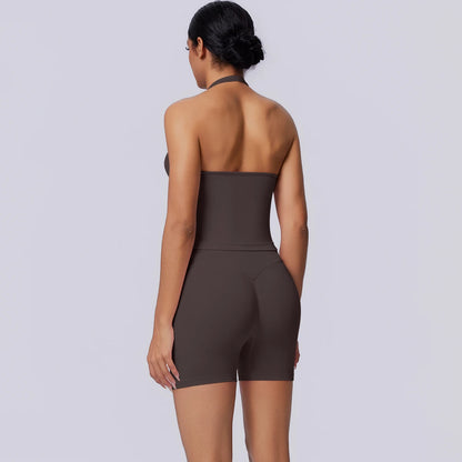 Damen Yoga-Set (3-teilig) mit Bandeau-Top und Shorts, dunkel