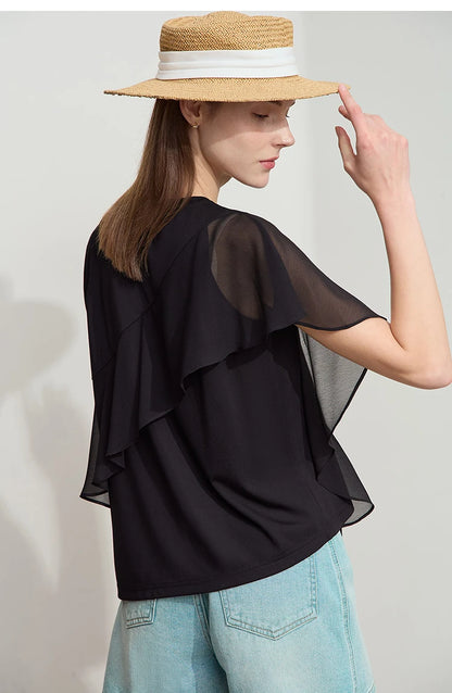 Damen Sommer-T-Shirt mit kurzen Schmetterlingsärmeln und Rundhalsausschnitt