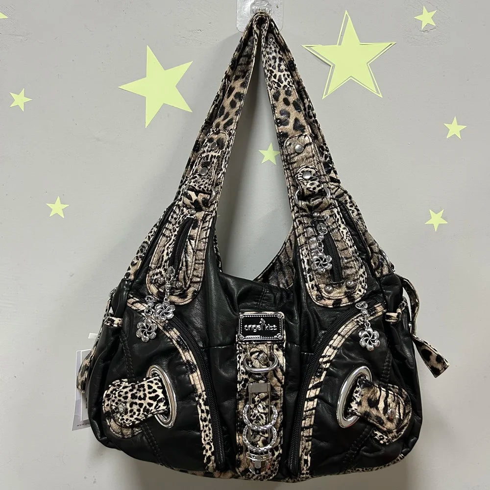 Damen-Schultertasche großes Fassungsvermögen Top-Handle stilvolle elegante Leopardendruck
