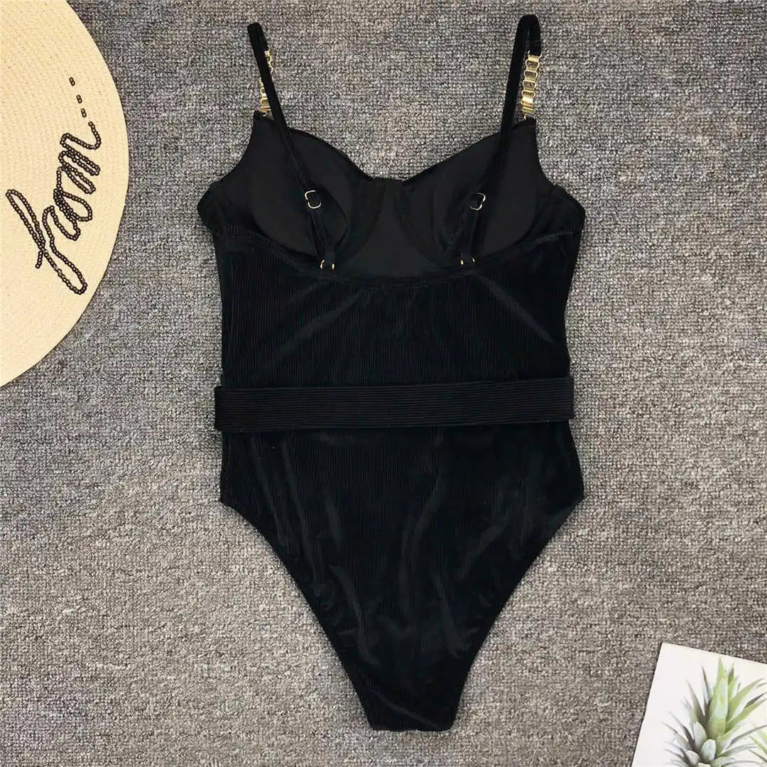Damen-Badeanzug Rippe Gürtel High-Cut Bodysuit einteilig