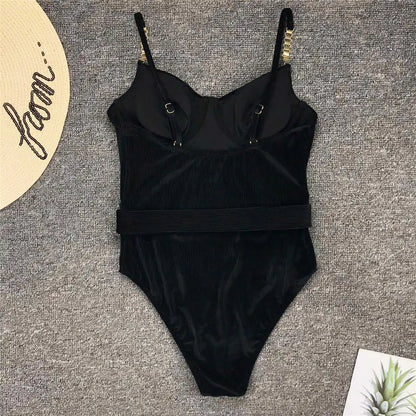 Damen-Badeanzug Rippe Gürtel High-Cut Bodysuit einteilig