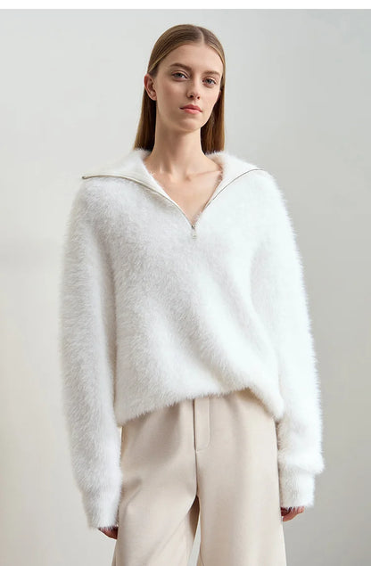 Damen-Rollkragenpullover Nerz-Imitat Reißverschluss locker dick Winter