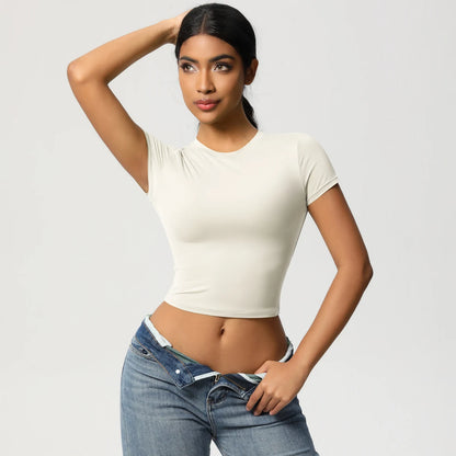 Slim Fit Yoga-Top für Damen, helles Cremeweiß, kurze Ärmel, figurbetont