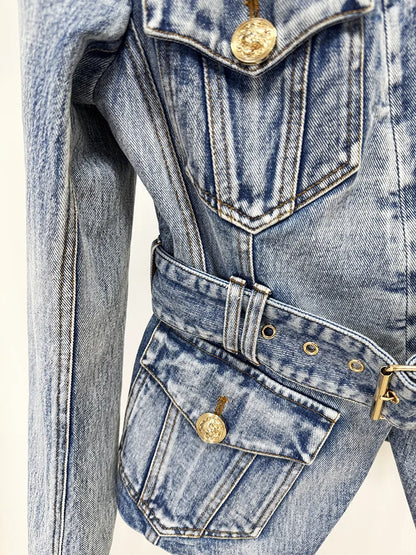 Damen-Blazer Denim Slim Gürtel Löwenknopf V-Ausschnitt Einknopf