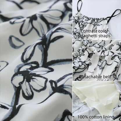 Elegantes Langes Sommerkleid Mit Gürtel Und Blumendruck Für Frau