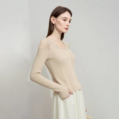 Damen V-Ausschnitt Pullover Viskose Mesh Organza Slim Frühling