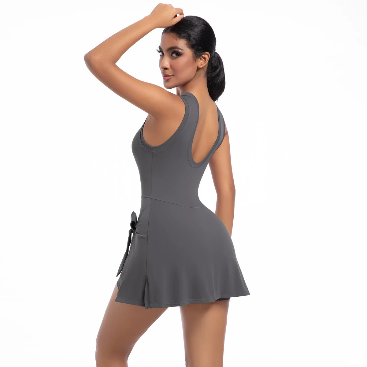 Silbergraues ärmelloses Sommerkleid mit Taillen-Schnürschleife, A-Linie