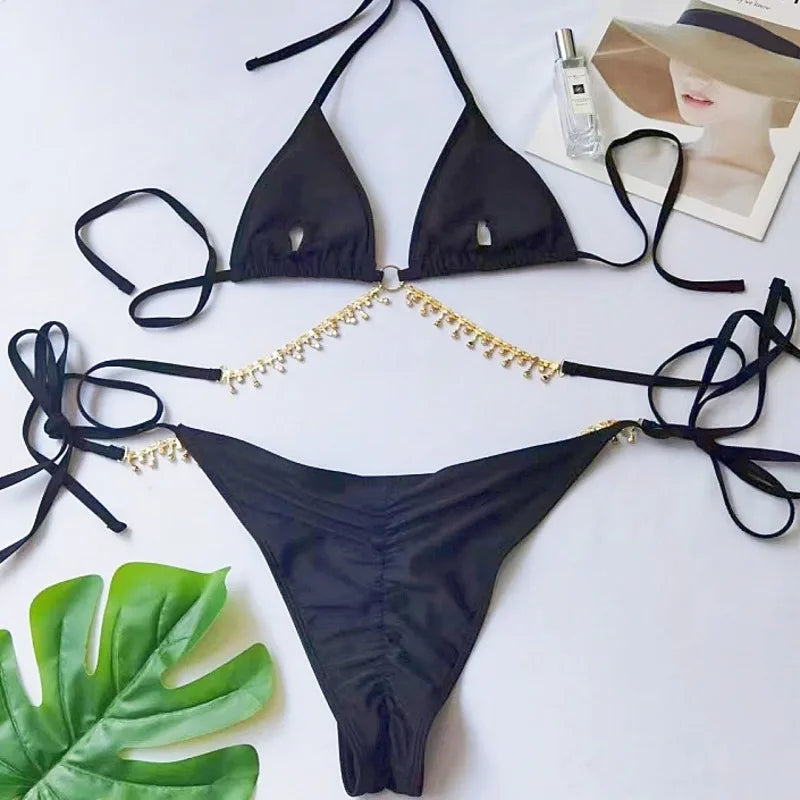 Dreiteiliges Damen-Bikini-Set mit Mesh-Design – ideal für Strand und Pool