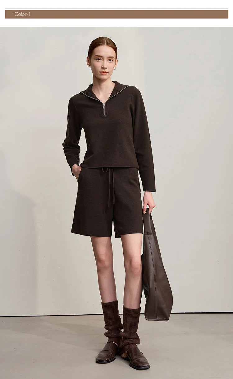 Strickshorts für Damen, braun, Kordelzugbund in der Taille, kurze Hose