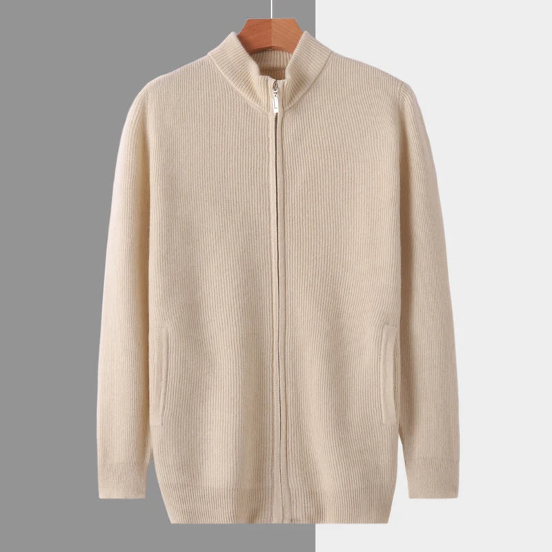 Stehkragen Reißverschluss Strickjacke Pullover Herrenmantel Business Casual Herbst Winter neue reine Wolle Strickjacke Männer Doppeltaschen