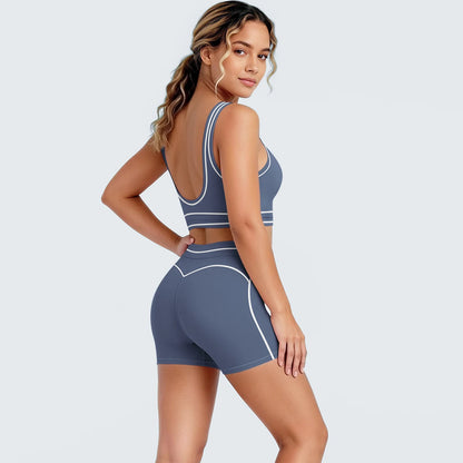 Yoga-Set mit Sport-BH und Shorts, dunkelblau, Rückansicht mit weißen Kontraststreifen