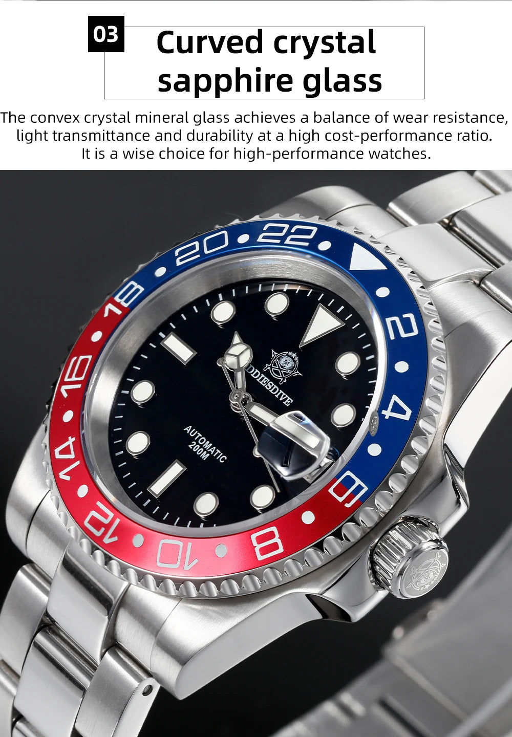 Herren Business-Automatikuhr 8215 Saphirglas 200m wasserdicht GMT Leuchtzeiger