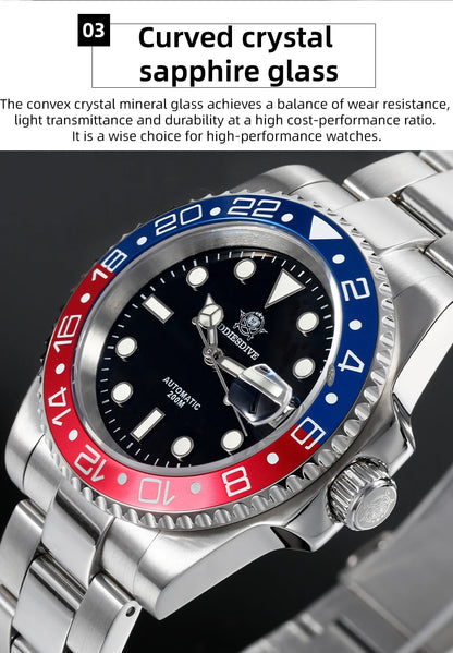 Herren Business-Automatikuhr 8215 Saphirglas 200m wasserdicht GMT Leuchtzeiger