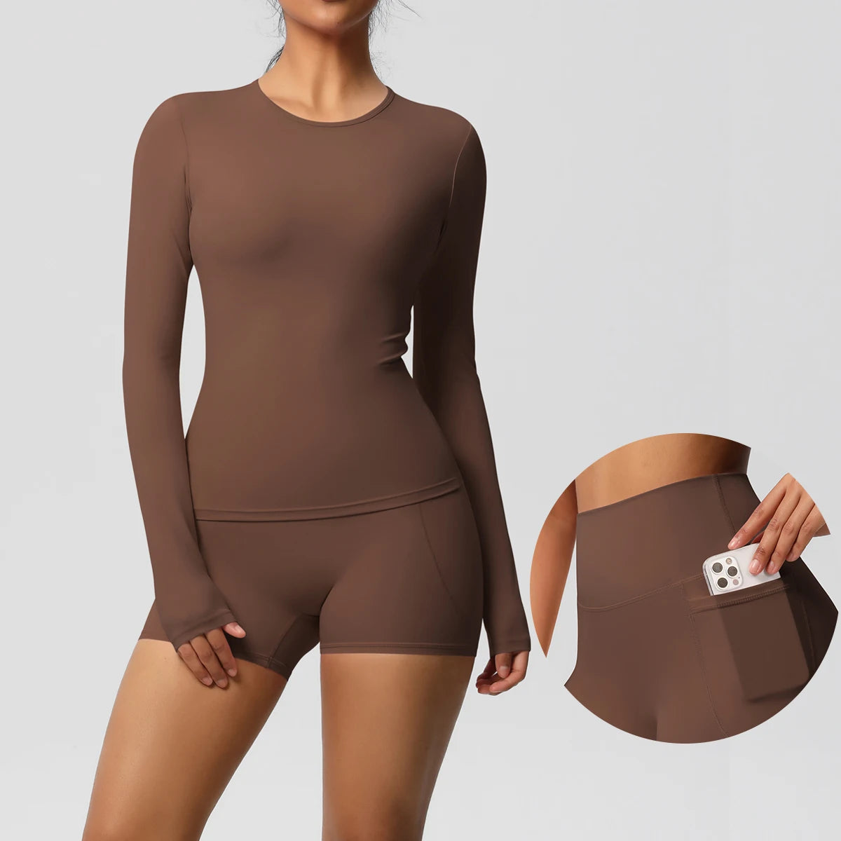 Damen-Yoga-Set mit langarmigem Oberteil und Shorts, braun
