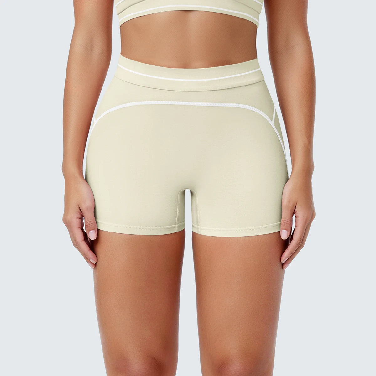 Gestreifte Yoga-Shorts für Damen in Hellgelb mit Kontrastbund und Hüftlift