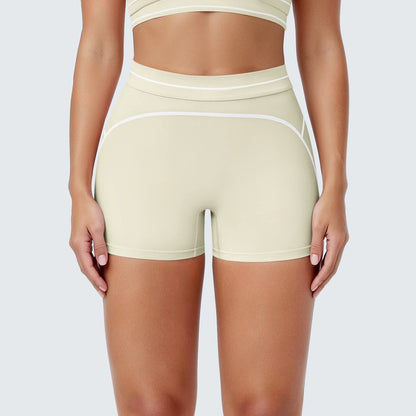 Damen Yoga-Shorts in Hellgelb mit weißen Kontraststreifen, Rückenansicht zentriert