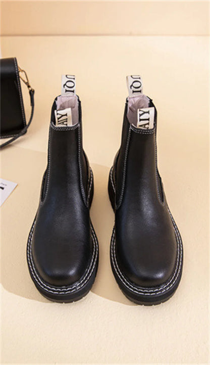 Women's Chelsea Boots Genuine Leather 2025 Autumn Winter Trend Thick-soled Women Ankle Boots All-match Marton Boots Ladies