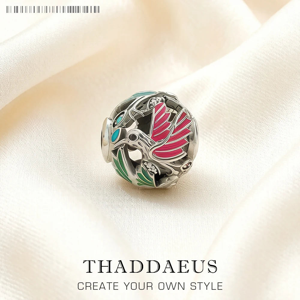 925-Sterlingsilber-Charme mit Kolibri-Emaille, silbern mit roten und grünen Akzenten