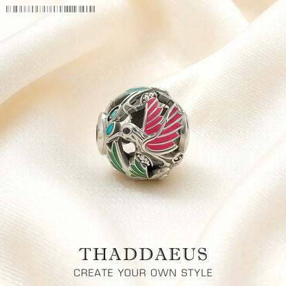 925-Sterlingsilber-Charme mit Kolibri-Emaille, silbern mit roten und grünen Akzenten