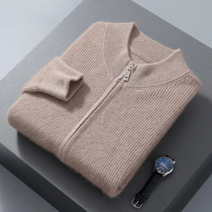 Pullover aus 100 % reinem Nerz-Kaschmir für Herren, Stehkragen, verdickte Strickjacke, Herbst/Winter, warm, lässig, gestrickt, große Oberteile mit Reißverschluss