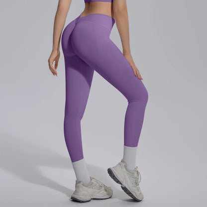 Nahtlose Yoga-Hose für Damen, lila, 7/8-Länge, weißer Saum am Knöchel