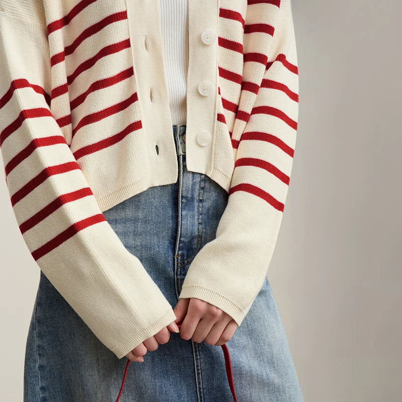 Damen-Strickjacke Baumwolle V-Ausschnitt Kontraststreifen kurz Raglan Frühling