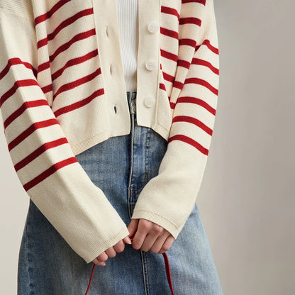 Damen-Strickjacke Baumwolle V-Ausschnitt Kontraststreifen kurz Raglan Frühling