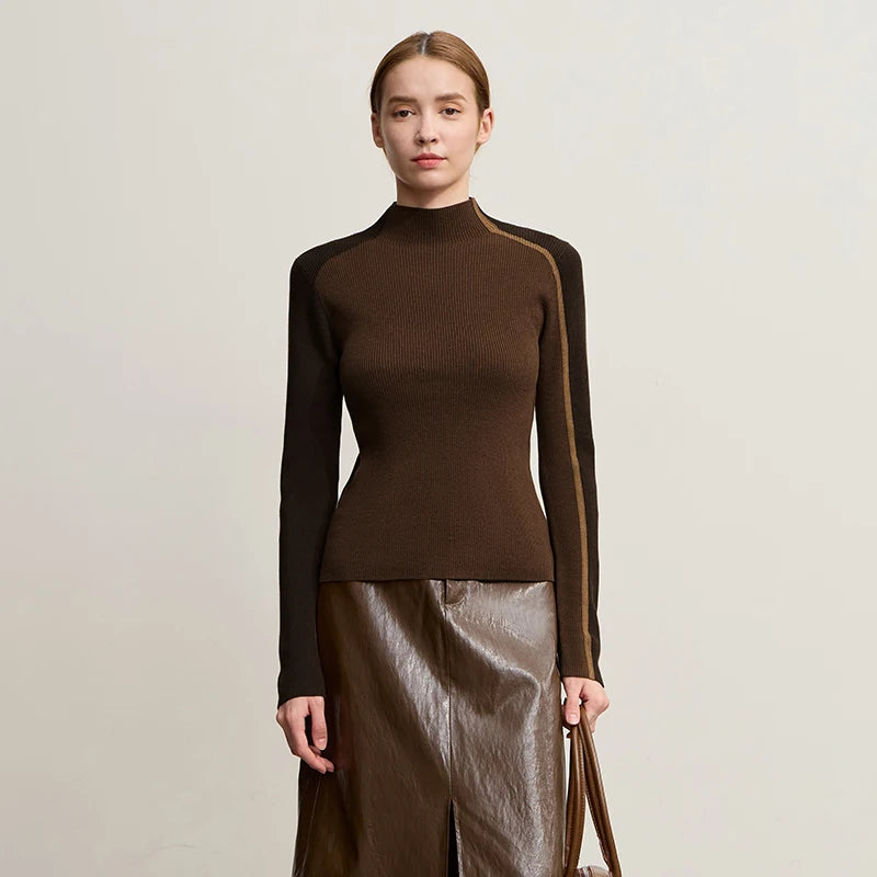 Damen-Halbrollkragen-Pullover Slim asymmetrisch Kontrast Winter