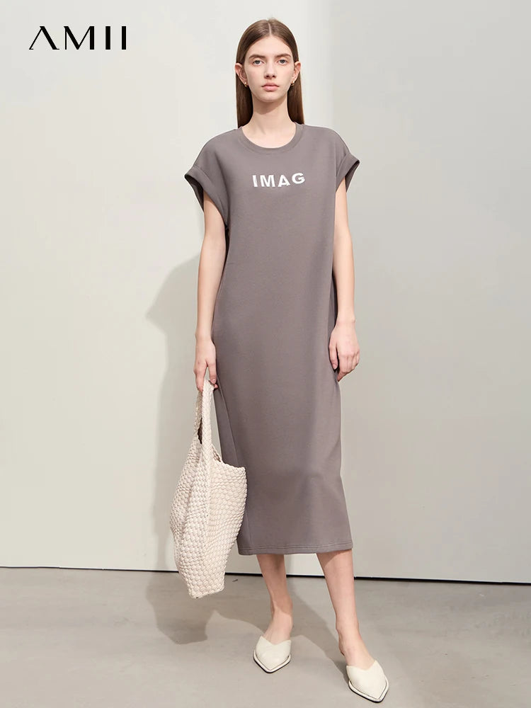 Damen Kleid für Sommer neue lässige O-Ausschnitt Kurzarm Midi gerade Perlen Stickerei Kleid Dame