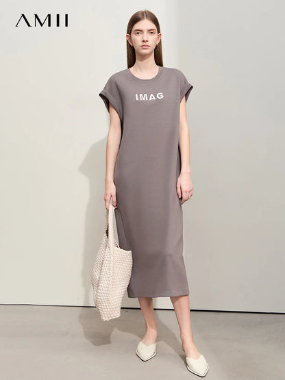 Damen Kleid für Sommer neue lässige O-Ausschnitt Kurzarm Midi gerade Perlen Stickerei Kleid Dame