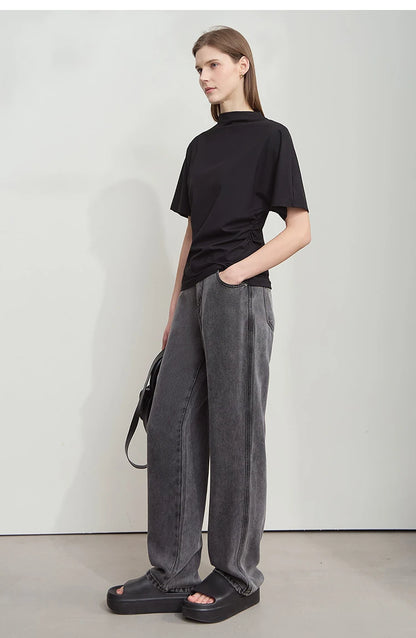 Damen T-Shirt im minimalistischen Sommer-Stil mit solidem Rollkragen und Kurzarm