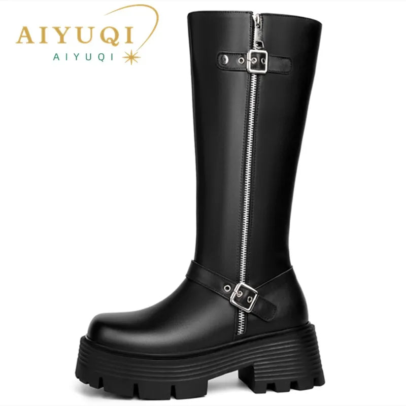 AIYUQI Women Winter Boots Genuine Leather 2025 New Natural Wool Warm Women Tenor Boots British Style Platform Women's Snow Boots