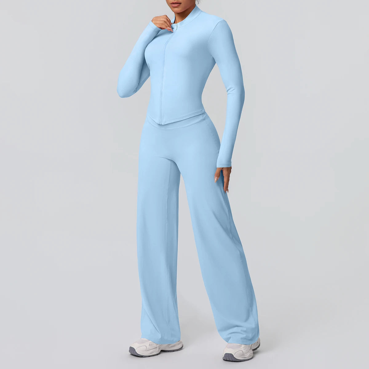 2-teiliges Yoga-Set in Hellblau: Zip-Top mit langen Ärmeln, weite Yogahose