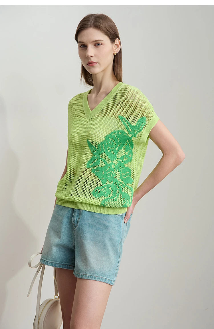 Damen V-Ausschnitt Pullover Viskose Kurzarm Aushöhlung Sommer
