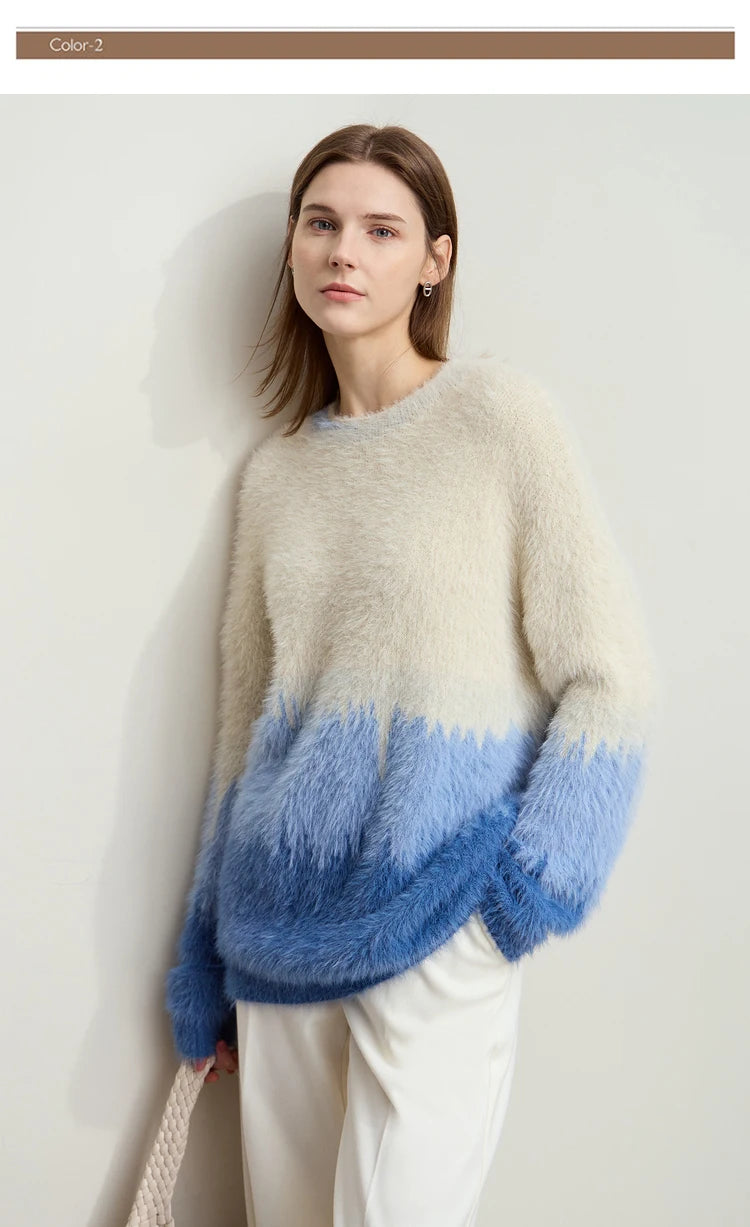 Damenpullover mit O-Ausschnitt, langarm, cremefarbener Pullover mit blauem Farbverlauf
