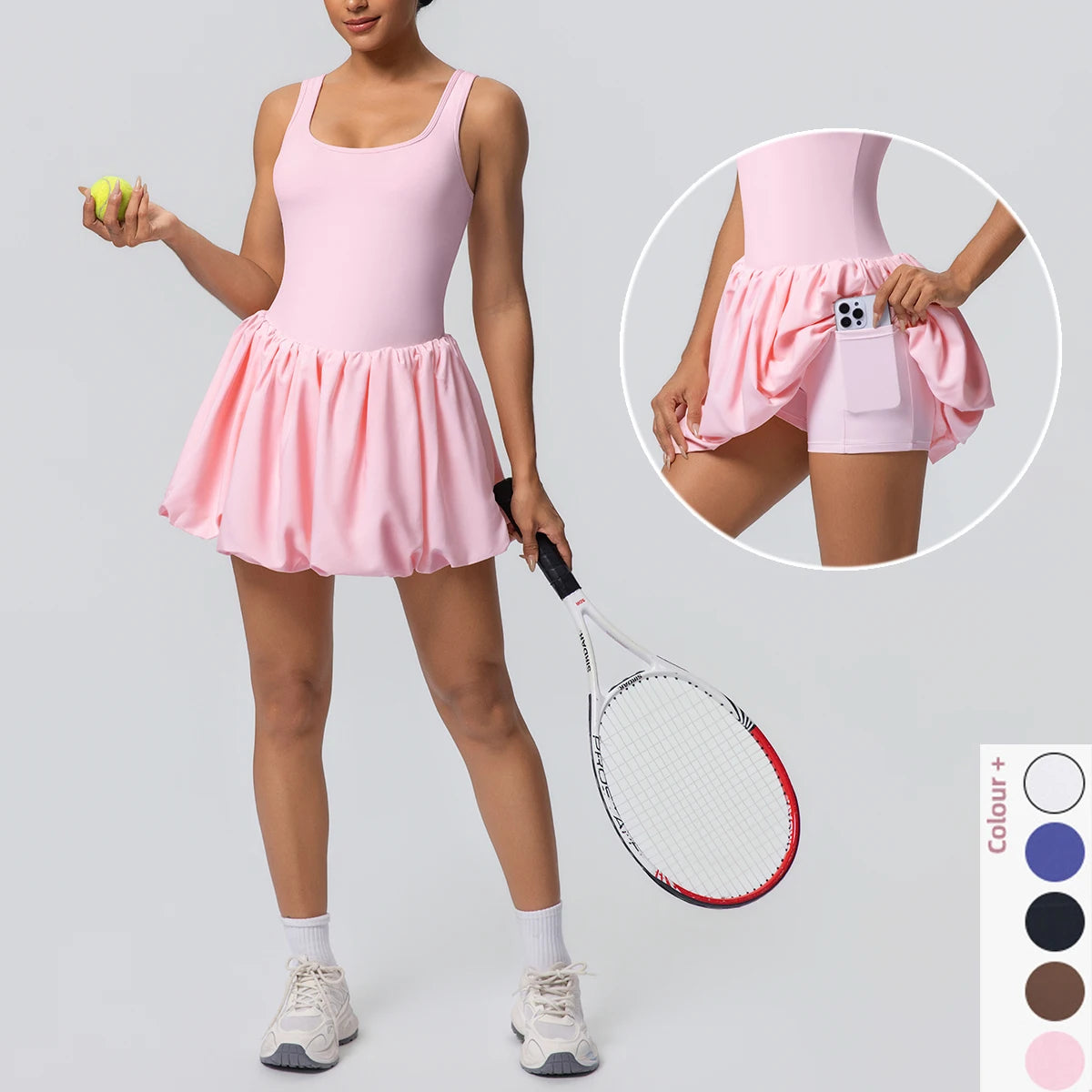Damen-Tennisrock mit Taschen, rosa Faltenrock mit elastischem Bund und kurzem Saum.