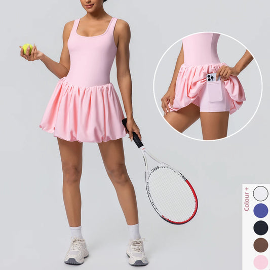 Damen-Tennisrock mit Taschen, rosa Faltenrock mit elastischem Bund und kurzem Saum.