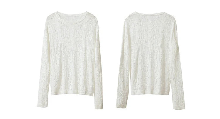 Hellweißer Damen-Strickpullover mit Rundhalsausschnitt und feinem Zopfmuster, Langarm